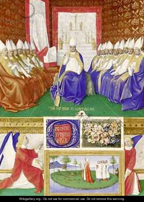 St Hilary of Poitiers Presiding over a Council from the Hours of Etienne Chevalier - Jean Fouquet