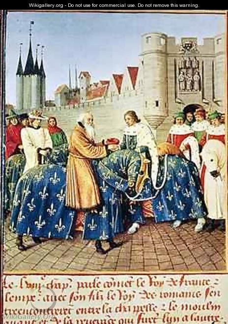 Ms Fr 6465 fol 444 Charles V 1338-80 receiving Emperor Charles IV 1316-78 at the Porte du Temple in Paris - Jean Fouquet