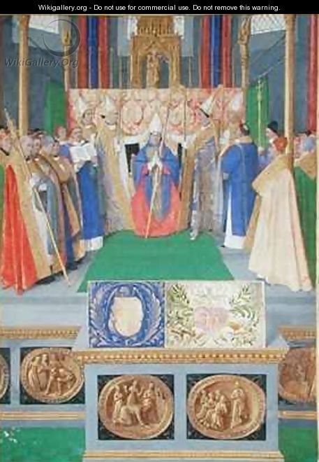 St Nicholas ordained as the Bishop of Myra from the Hours of Etienne Chevalier - Jean Fouquet