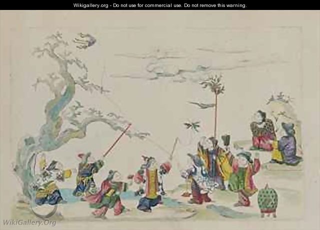 Children flying kites from an album of Chinese drawings - Jean Antoine Fraisse