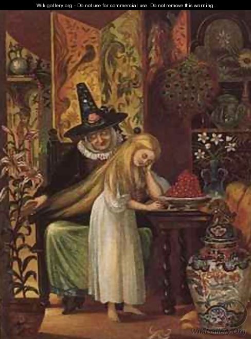 The Old Witch combing Gerdas hair with a golden comb to cause her to forget her friend in 