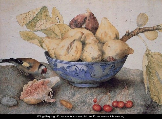China Bowl with Figs, a Bird, and Cherries - Giovanna Garzoni