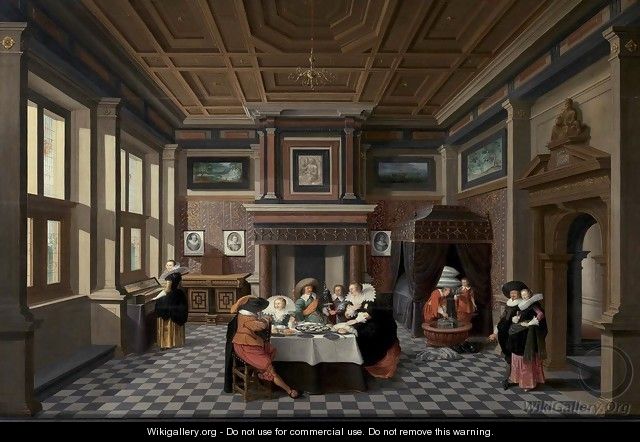 An Interior with Ladies and Gentlemen Dining - Dirck Van Delen