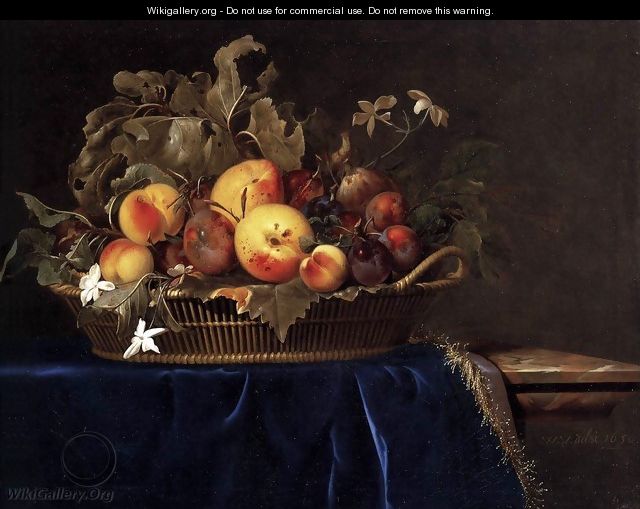 Still-Life with a Basket of Fruit on a Marble Ledge - Willem Van Aelst