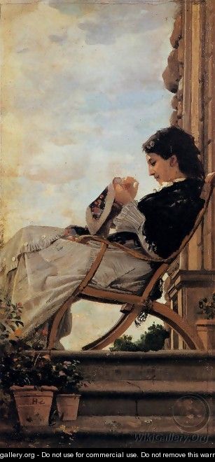 Woman Sewing on the Terrace - Cristiano Banti