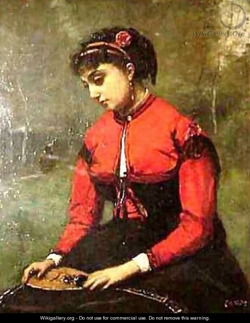 Young Woman in a Red Bodice Holding a Mandolin - Jean-Baptiste-Camille Corot