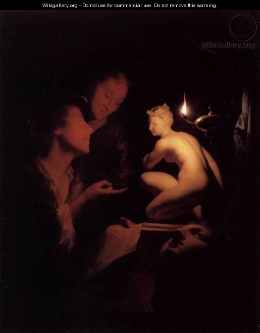 Artist and Model Looking at an Ancient Statue by Lamplight - Godfried Schalcken