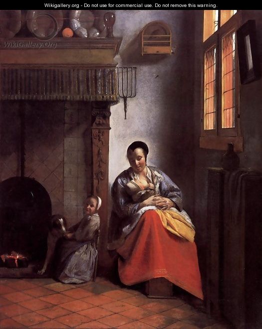 A Woman Nursing an Infant with a Child and a Dog - Pieter De Hooch