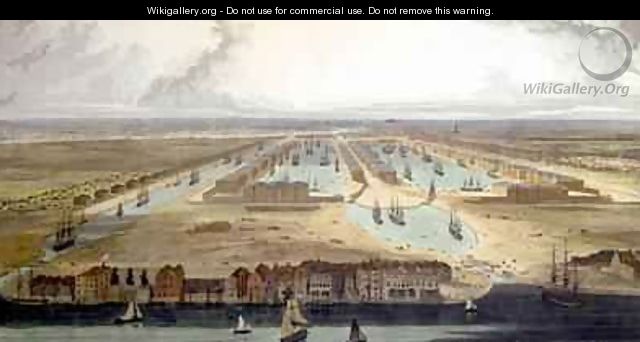 Elevated View of the New Dock and Warehouses - Thomas & William Daniell