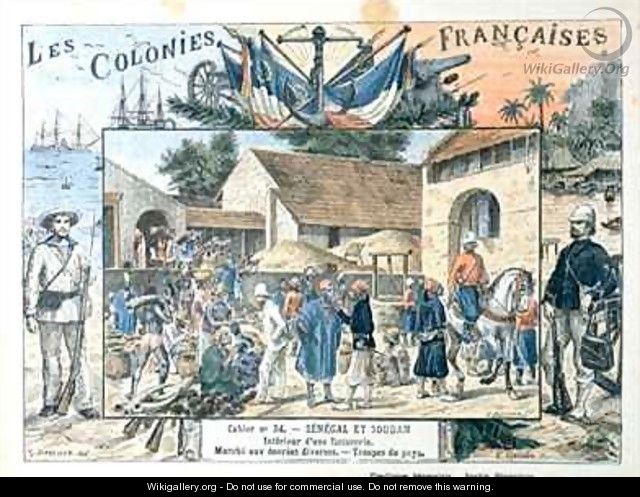 School book cover depicting scenes in the French colonies of Senegal and Sudan - (after) Dascher, G.
