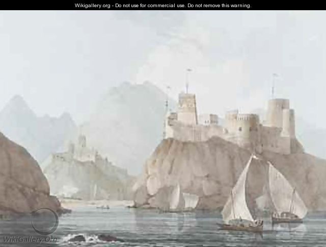 East View of the Forts Jellali and Merani Muskah Arabia - Thomas & William Daniell