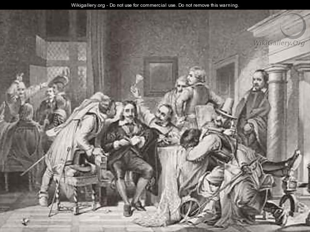 Charles I 1600-49 in the guard room insulted by Oliver Cromwells soldiers - (after) Delaroche, Hippolyte (Paul)