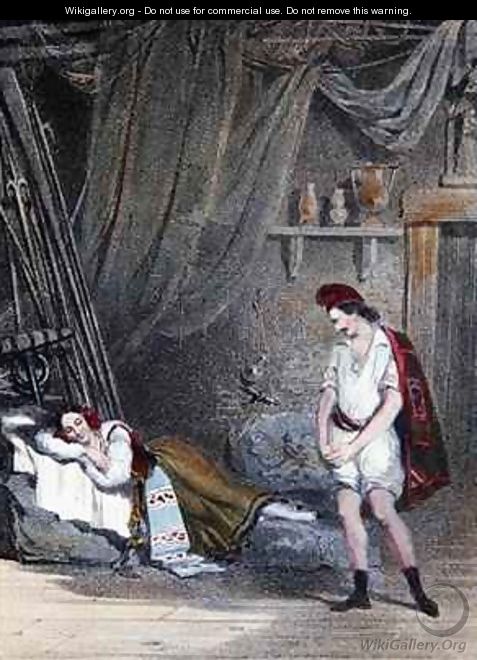 Scene depicting the mute girl Fenella asleep in a hut with her brother Masaniello - Emile Deshays
