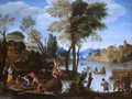 An Italianate River Landscape with Poling Boatman and a Woman with a Basket of Crabs - Domenichino (Domenico Zampieri)