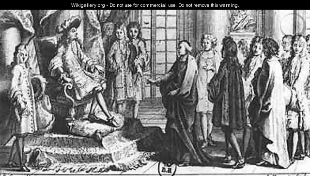 Members of the French Academy presenting the dictionary to Louis XIV 1638-1715 in 1694 - (after) Corneille, Jean-Baptiste