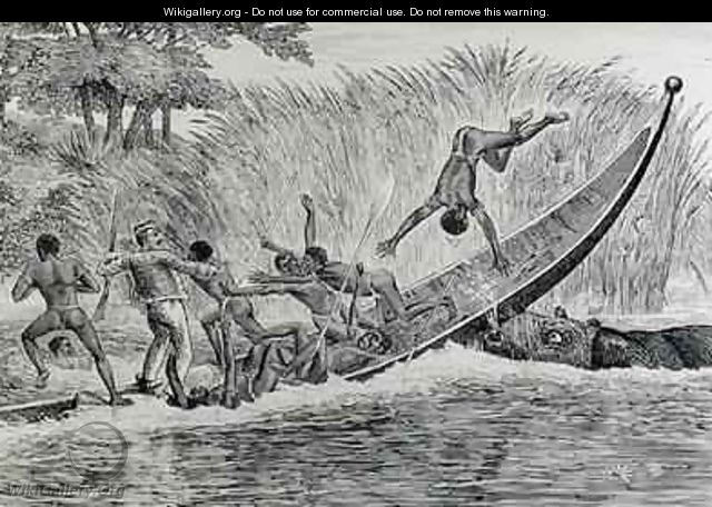 Enraged Hippopotamus Upsetting a Boat - J.M. Corner