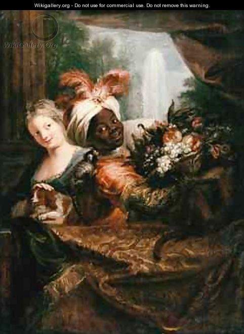 Young Black Man Holding a Basket of Fruit and a Young Girl Stroking a Dog - Antoine Coypel