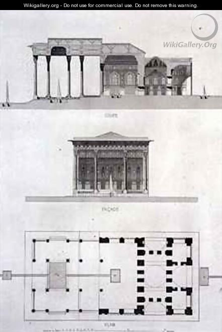 Cross Section Facade and Ground Plan of the Pavilion of Mirrors Isfahan - Pascal Xavier (after) Coste