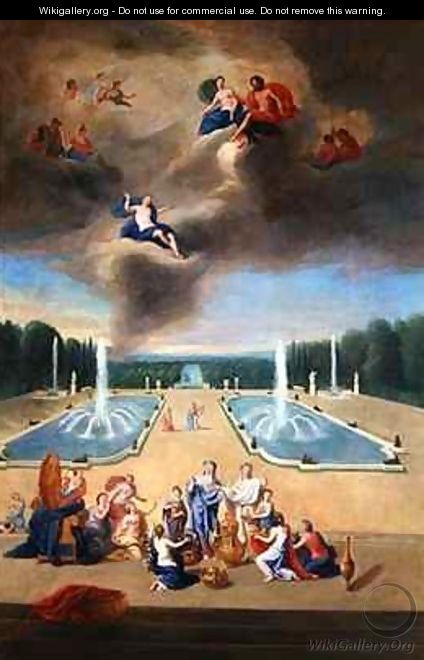 Groves of Versailles View of the water parterre and the cabinets of animals with priestesses preparing a sacrifice for Venus - Jean II Cotelle
