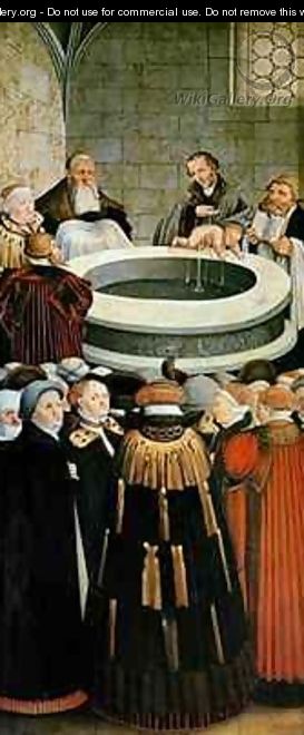 Triptych left panel Philipp Melanchthon performs a baptism assisted by Martin Luther centre panel the Last Supper with Luther amongst the Apostles right panel Luther makes his confession Luthers sermon below - Lucas The Elder Cranach
