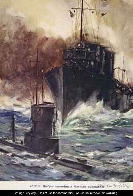 HMS Badger ramming a German submarine - Cyrus Cuneo