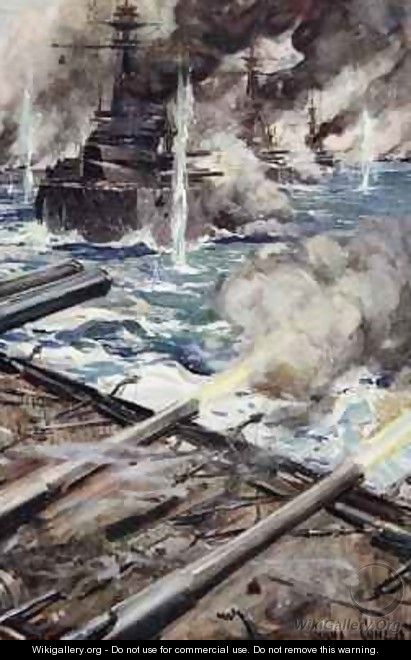 A fleet of battleships firing broadside - Cyrus Cuneo