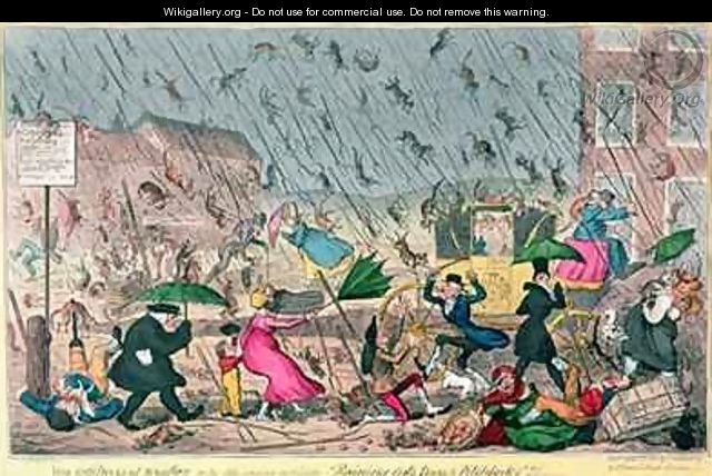 Very Unpleasant Weather or the Old Saying verified Raining Cats Dogs and Pitchforks - George Cruikshank I