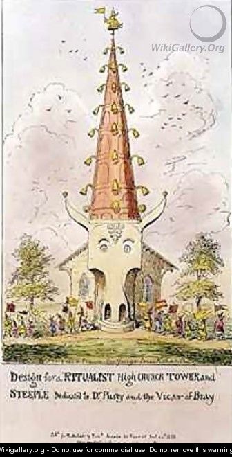Design for a Ritualist High Church Tower and Steeple dedicated to Dr Pusey and the Vicar of Bray - George Cruikshank I
