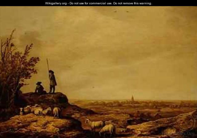 Panoramic Landscape with Shepherds Sheep and a Town Beverwijk in the Distance - Aelbert Cuyp