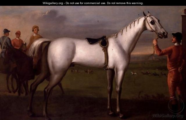 Groom holding a grey racehorse - Daniel Quigley