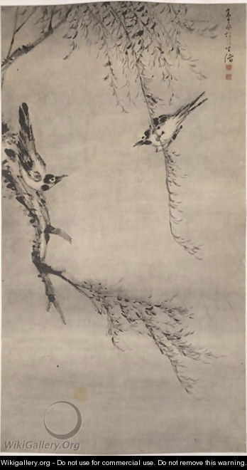 Two Magpies Playing in a Willow Tree, Qing Dynasty - Gao Qipei