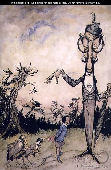 A Giant with a Child and Two Crows, illustration from The Book of Betty Barber by Maggie Brown, pub.1910 pen and ink, later coloured by Harry Rountree, 1878-1950 also an illustration for the Book of Nonsense by Edward Lear 1812-88 pub. 1980 - Arthur Rackham