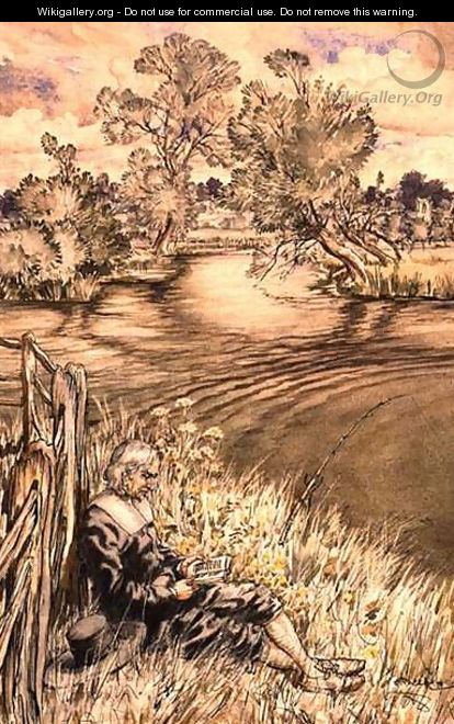 Izaak Walton Reclining Against a Fence, one of a series of illustrations from Izaak Walton, The Complete Angler - Arthur Rackham