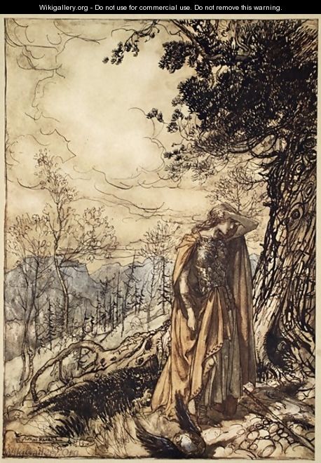 Brunnhilde stands for a long time, dazed and alarmed, illustration from The Rhinegold and the Valkyrie, 1910 - Arthur Rackham