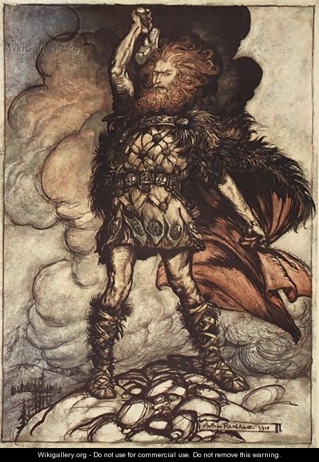 To my hammers swing Hitherward sweep Vapours and fogs! Hovering mists Donner, your lord, summons his hosts, illustration from The Rhinegold and the Valkyrie, 1910 - Arthur Rackham