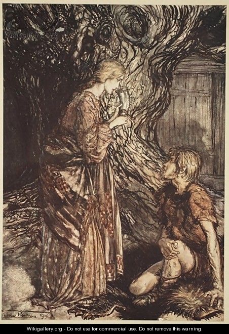 This healing and honeyed draught of Mead deign to accept from me, from The Rhinegold and the Valkyrie, 1910 - Arthur Rackham