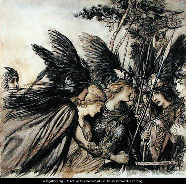 Brunnhilde Implores the Valkyries, illustration from The Rhinegold and the Valkyrie, by Richard Wagner, edition published 1910 - Arthur Rackham