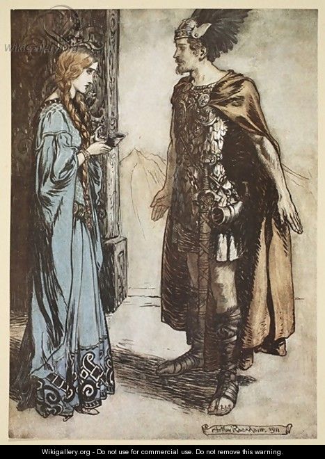 Siegfried hands the drinking horn back to Gutrune, and gazes at her with sudden passion, illustration from Siegfried and the Twilight of the Gods, 1924 - Arthur Rackham