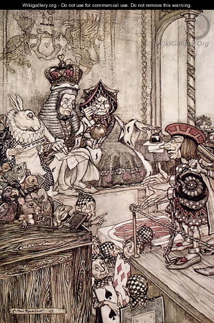 Knave before the King and Queen of Hearts, illustration to Alices Adventures in Wonderland by Lewis Carroll 1832-98 1907 - Arthur Rackham