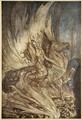 Brunnhilde on Grane leaps on to the funeral pyre of Siegfried, illustration from Siegfried and the Twilight of the Gods, 1924 - Arthur Rackham