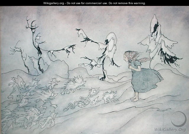 Gerda is terrified by the Snow Queens advance guard, but she said Our Father and is rescued by little bright angels, illustration from The Snow Queen by Hans Christian Andersen, published 1932 - Arthur Rackham