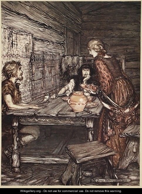 Hundling discovers the likeness between Siegmund and Sieglunde, illustration from The Rhinegold and the Valkyrie, 1910 - Arthur Rackham