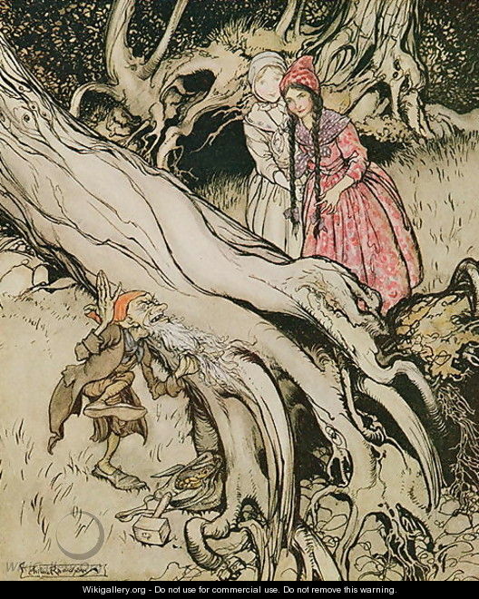 The end of his beard was caught in a tree, illustration from Snow White and Rose Red, from Fairy Tales of the Brothers Grimm, 1900 - Arthur Rackham