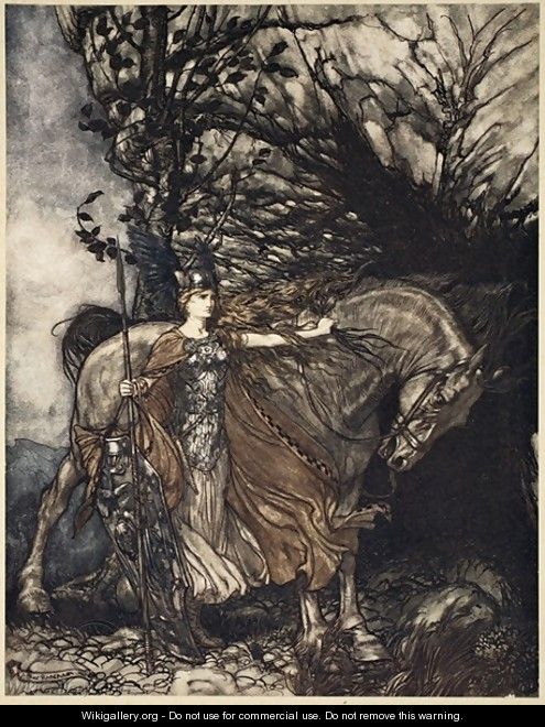 Brunnhilde with her horse at the mouth of the cave, illustration from The Rhinegold and the Valkyrie, 1910 - Arthur Rackham