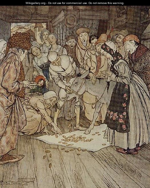 Gold pieces fell down on the cloth illustration to Washing Table, Golden Ass and Cudgel from Fairy Tales of the Brothers Grimm, 1900 - Arthur Rackham