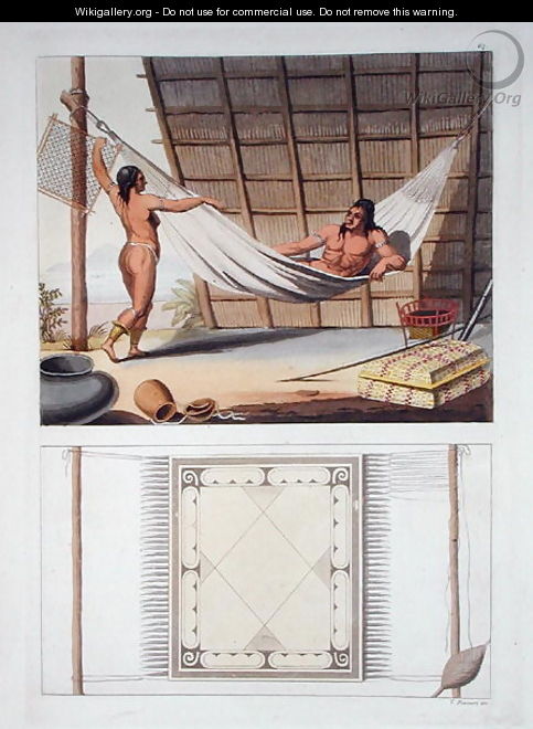 Domestic interior, Carib tribe, Dutch Antilles, plate 67 from Le Costume Ancien et Moderne by Jules Ferrario, published c.1820s-30s - Vittorio Raineri