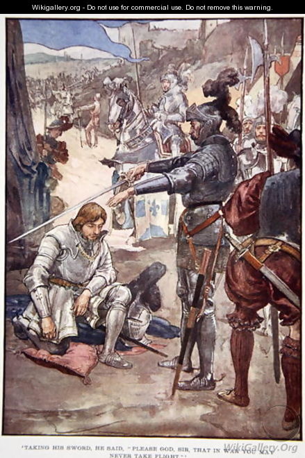 Taking his sword, he said Please God, Sir, that in war you may never take flight, illustration from The Story of France Told to Boys and Girls by Mary Macgregor, 1920 2 - (after) Rainey, William