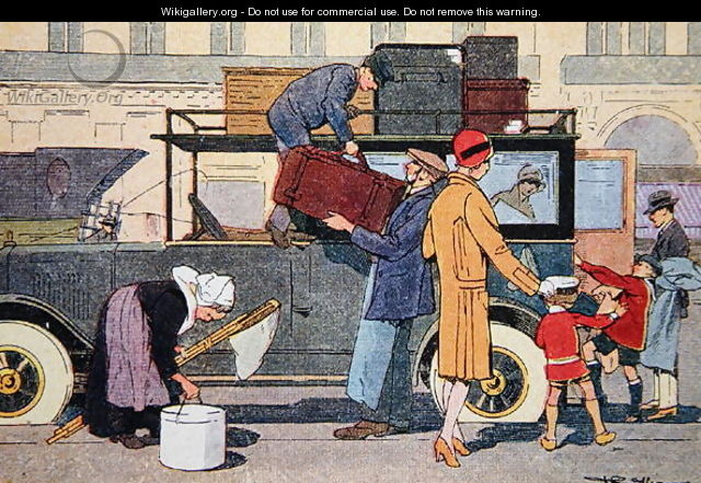 Leaving for the country, illustration from a school textbook, c.1920 - F. Raffin