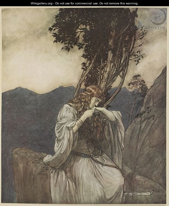 Brunnhilde kisses the ring that Siegfried has left with her, illustration from Siegfried and the Twilight of the Gods, 1924 - Arthur Rackham