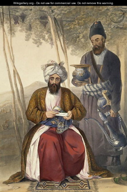 Mahommed Naib Shurreef, a Celebrated Kuzzilbach Chief of Caubul and his Peshkhidmut or Head Attendant, plate 15 from Scenery, Inhabitants and Costumes of Afghanistan, engraved by Robert Carrick c.1829-1904 1848 - (after) Rattray, James